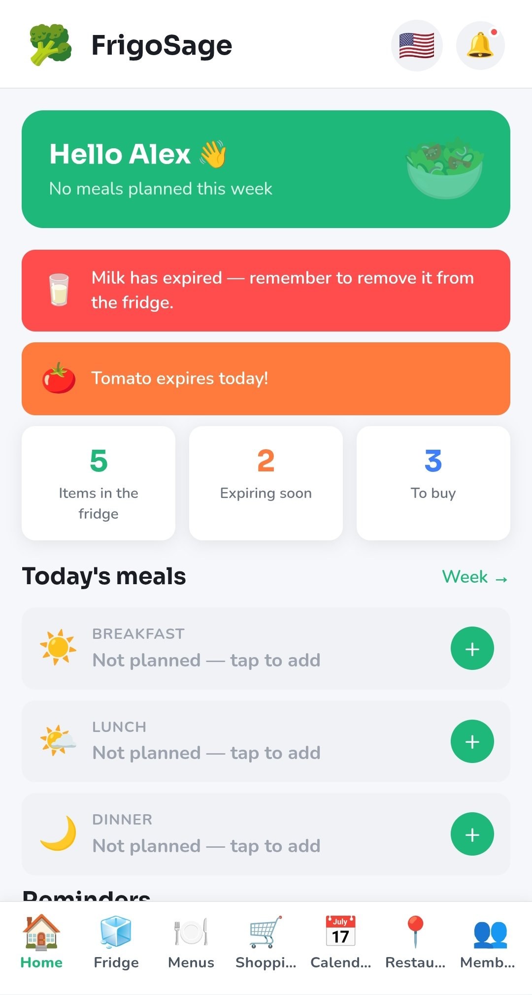 FrigoSage home dashboard